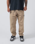 Kingz Casual Rip Stop Gi Pant - Khaki - Full Body Front View Male Athlete Khaki Color Drawstring Waist Black Label Right Thigh Relaxed Fit Durable Fabric BJJ Gi Training [color:Khaki]