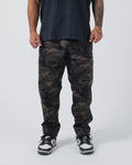 Kingz Casual Rip Stop Gi Pants - Camo - Front View Male Athlete Dark Camo Pattern Rip Stop Fabric Subtle Logo Right Thigh Relaxed Fit BJJ Gi Training Apparel [color:Dark/Camo]