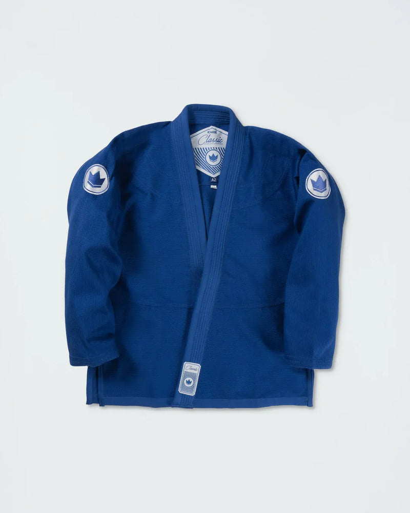 Kingz Classic 3.0 Jiu Jitsu Gi Blue - Flat Lay Product Only Blue Gi Embroidered Shoulder Patches Inner Label Crown Badge Lapel Tag Durable Weave BJJ Gi Training [color:Blue]