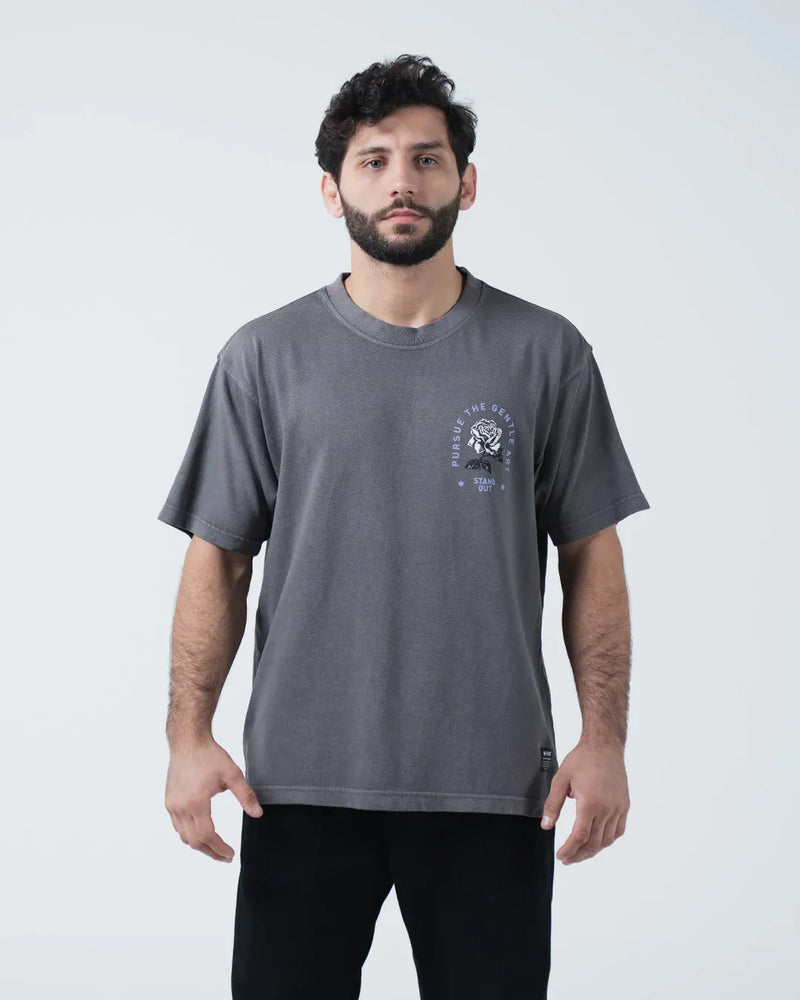 Kingz Gentle Art Tee - Front View - Pursue Gentle Art Rose Chest Graphic - Grey BJJ Tee [color:Grey]