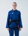 Kingz Kore V2 Women's BJJ Gi Blue - Upper Body Front View Female Athlete Black Belt Red Bar 380gsm Micro Pearl Weave