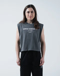 Kingz HQ Women's Crop Tank Charcoal Gray - Front View Female Model Sleeveless Design White KINGZ KIMONOS Text Chest Relaxed Fit Streetwear [color:Charcoal Gray]