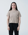 Kingz Script Women's Heavyweight Tee Tan - Front View Female Model Short Sleeve Tan Tee White Script Logo Chest Relaxed Fit Streetwear [color:Tan]
