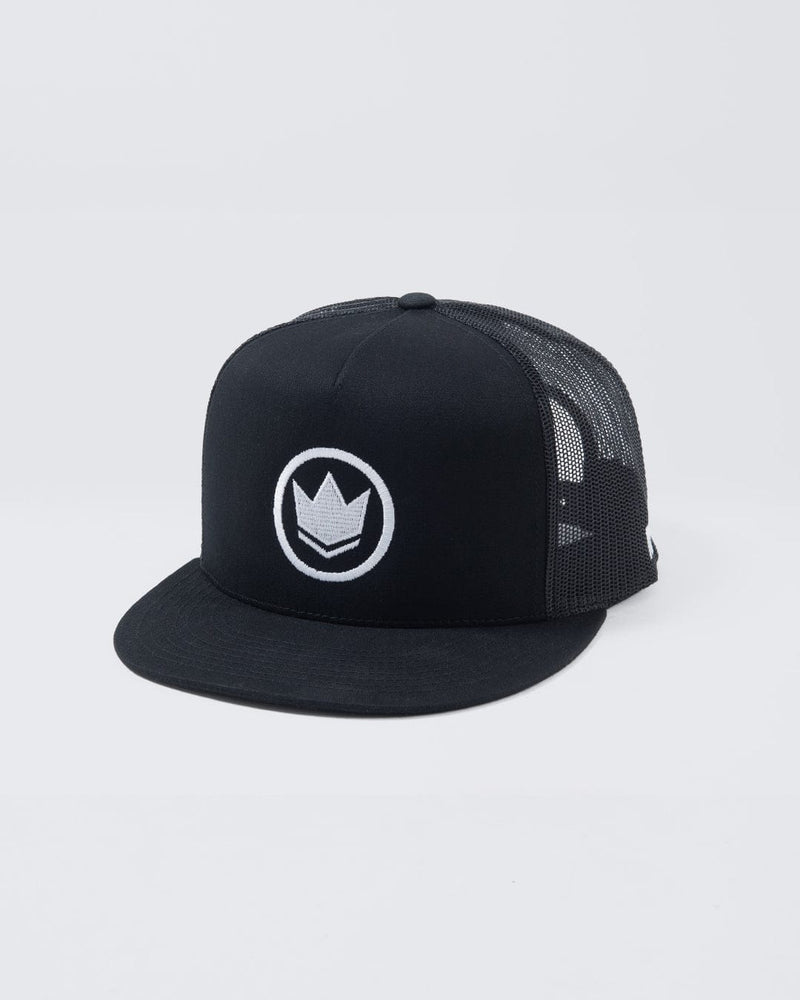 Kingz Logo V2 Trucker Snapback Black - Angled Product View Black Front Panel White Embroidered Crown Logo Black Mesh Back Adjustable Snapback Closure Casual BJJ Training Hat [color:Black]