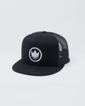 Kingz Logo V2 Trucker Snapback Black - Angled Product View Black Front Panel White Embroidered Crown Logo Black Mesh Back Adjustable Snapback Closure Casual BJJ Training Hat [color:Black]