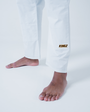 Kingz Legends Never Die Respect Gi in White – close-up lower leg view KINGZ text embroidered ankle white fabric durable stitching