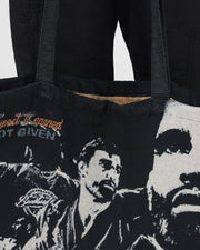 Kingz Legends Never Die Respect Women's Gi in Black – close-up detail view: graphic design black white portrait textured fabric