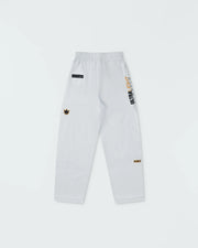 Kingz Legends Never Die Respect Youth Gi in White – pants front flat lay: white pants with gold KINGZ and crown details