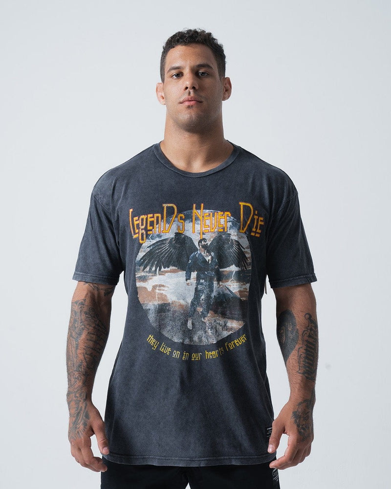 Kingz Ascend Tee Dark Gray - Full Body Front View Male Athlete Graphic Print "Legends Never Die" Text Washed Texture Short Sleeve Casual Fit BJJ Training Apparel [color:Dark Gray]