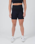Kingz Kore Womens Training Shorts Black - Full Body Front View Female Athlete High Waist Solid Black Stretch Fabric Subtle Logo Side Seam Comfortable Fit BJJ Training Grappling Shorts