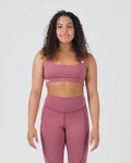 Kingz Kore Women's Sports Bra Dusty Rose - Full Body Front View Female Athlete Square Neckline White Crown Logo Left Strap KINGZ Text Band Seamless Fit Women's Training Sports Bra [color:Dusty Rose]