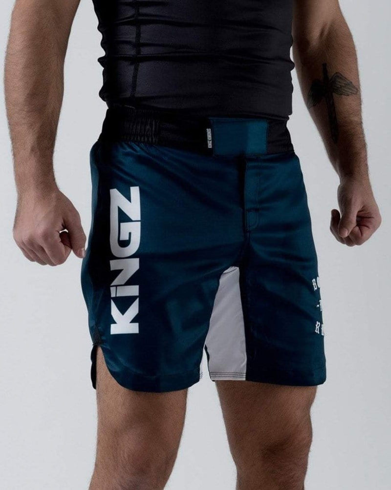 Kingz Born To Rule Shorts Maroon - Full Body Front View Male Athlete Maroon with Black Waistband White Side Panel Bold "BORN TO RULE" Text Right Thigh Grappling Shorts BJJ Training [color:Black]